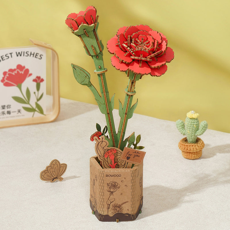Rowood DIY 3D Wooden Flower Puzzle  Red Carnation Model Decoration TW052