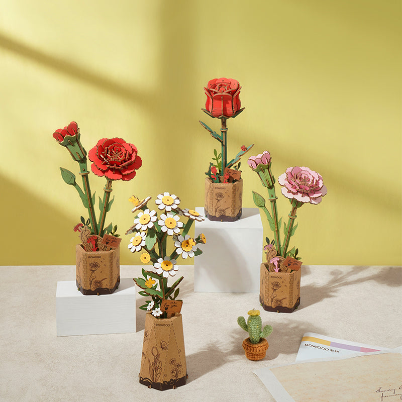 Rowood DIY 3D Wooden Flower Puzzle  Red Carnation Model Decoration TW052